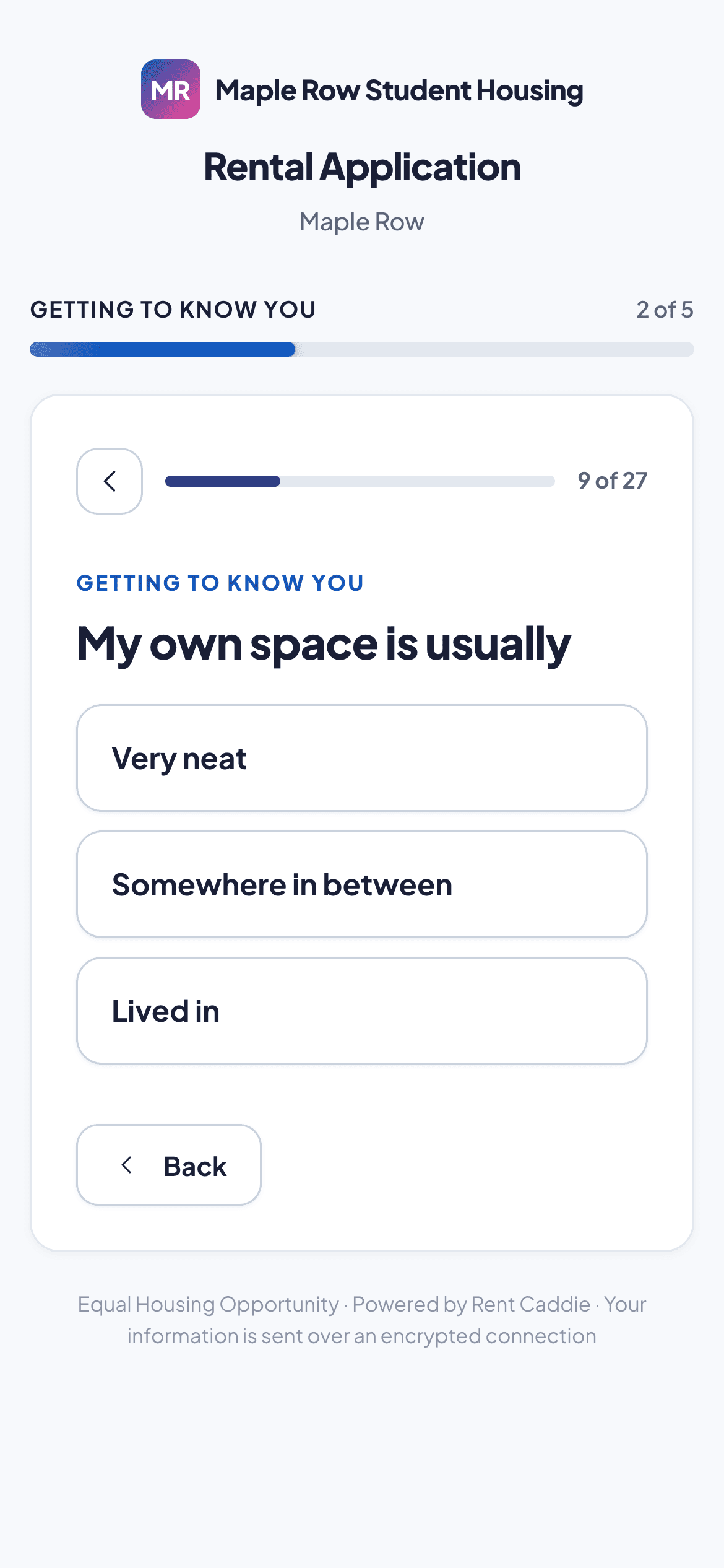 One roommate question on a phone, question 9 of 27: My own space is usually, with three answers to tap: Very neat, Somewhere in between, Lived in.