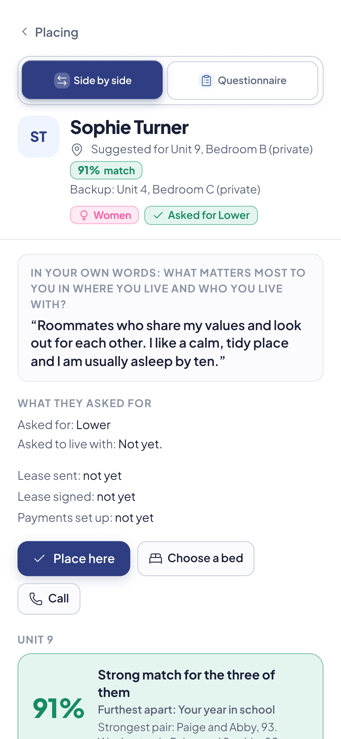 One student's page: suggested bed, a 91% match, a backup bed, and in her own words what matters most to her.