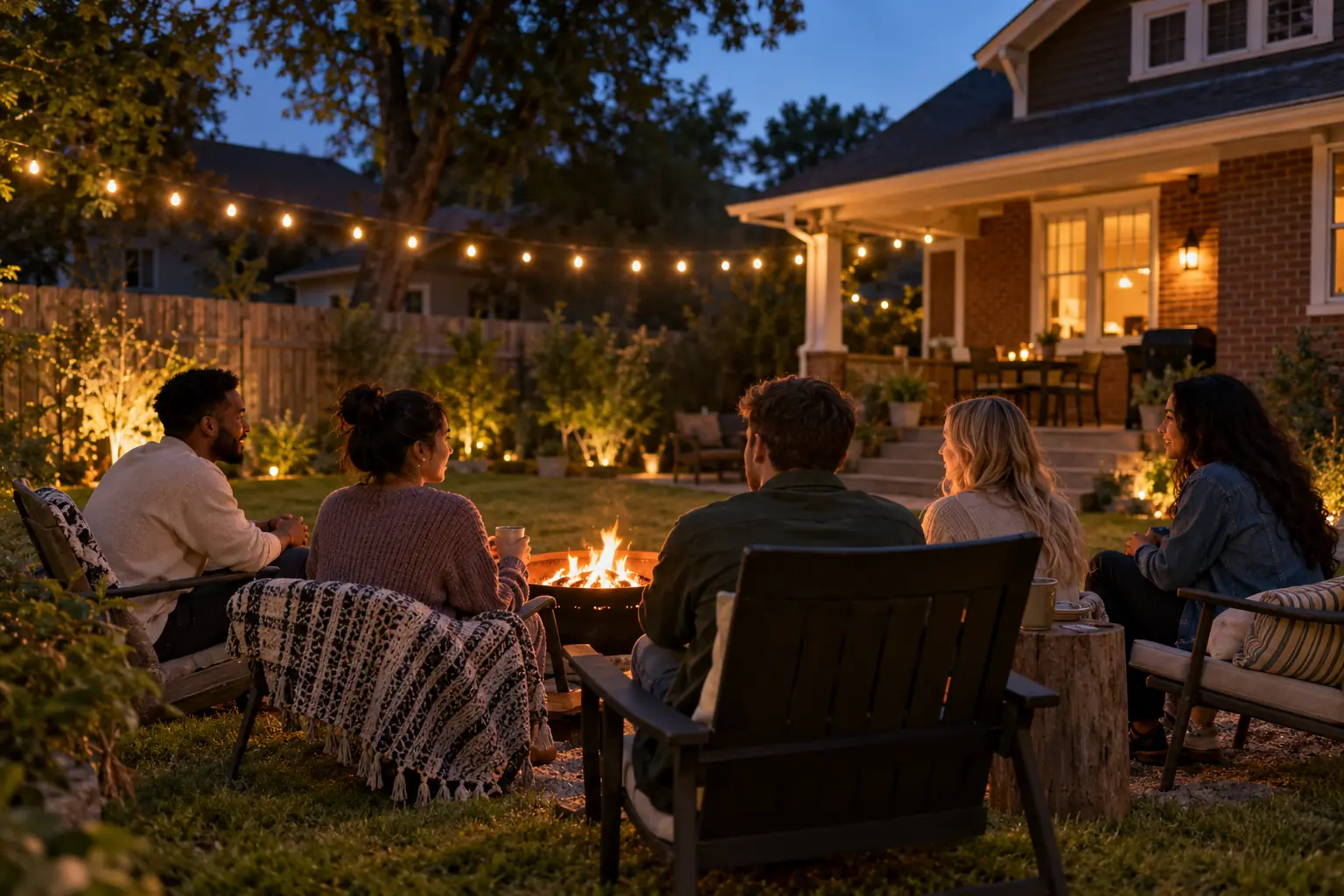 Housemates sitting around a small fire pit in the backyard in the evening