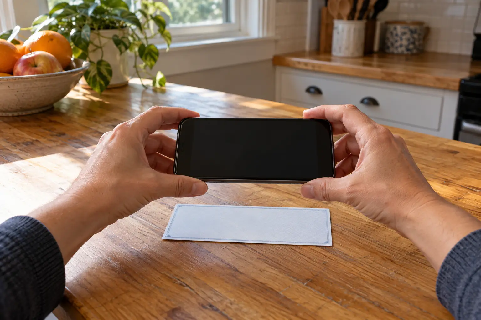 Hands holding a phone above a paper check on a kitchen counter
