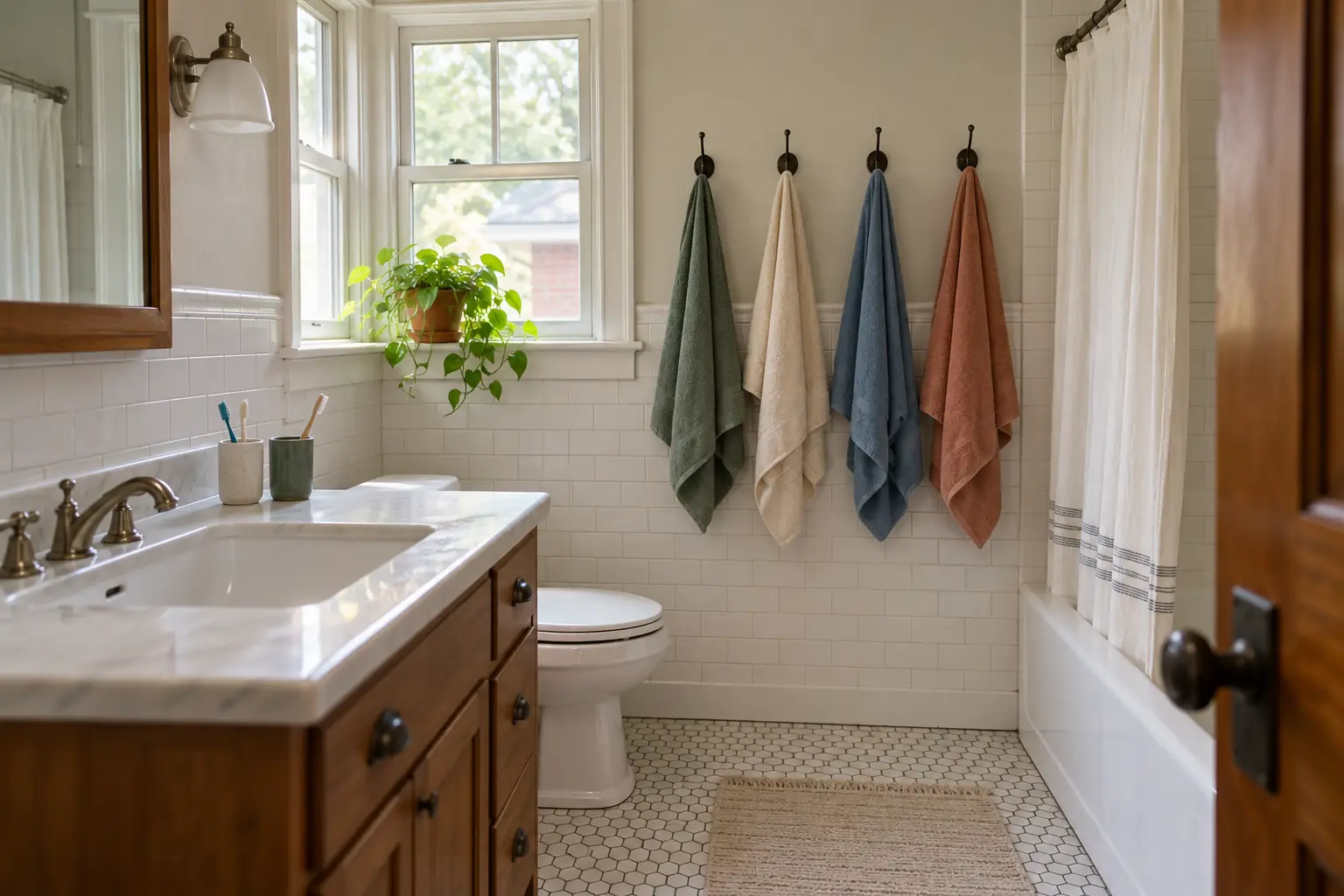 A clean shared bathroom with white tile and a towel hook for each housemate