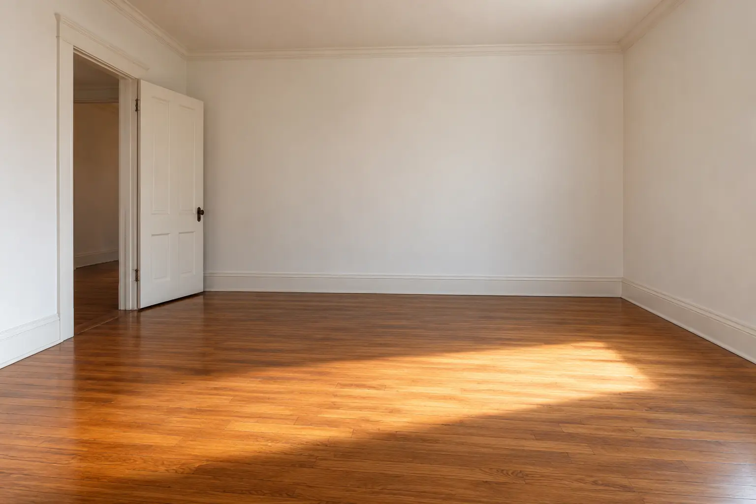 An empty bedroom with sunlight on the wooden floor