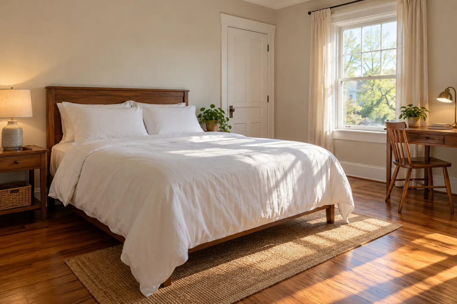 A freshly made bed with white linen beside a desk and a reading lamp