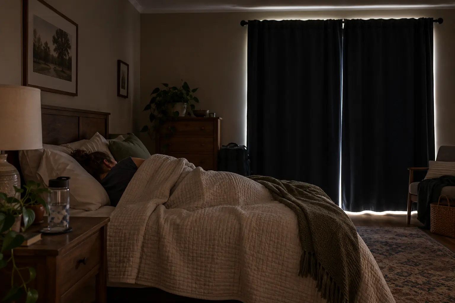 A night-shift worker asleep in a dark bedroom during the day, light glowing around blackout curtains