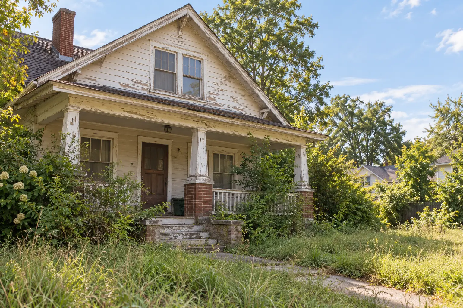 A run-down house with peeling paint and an overgrown yard, waiting to be renovated