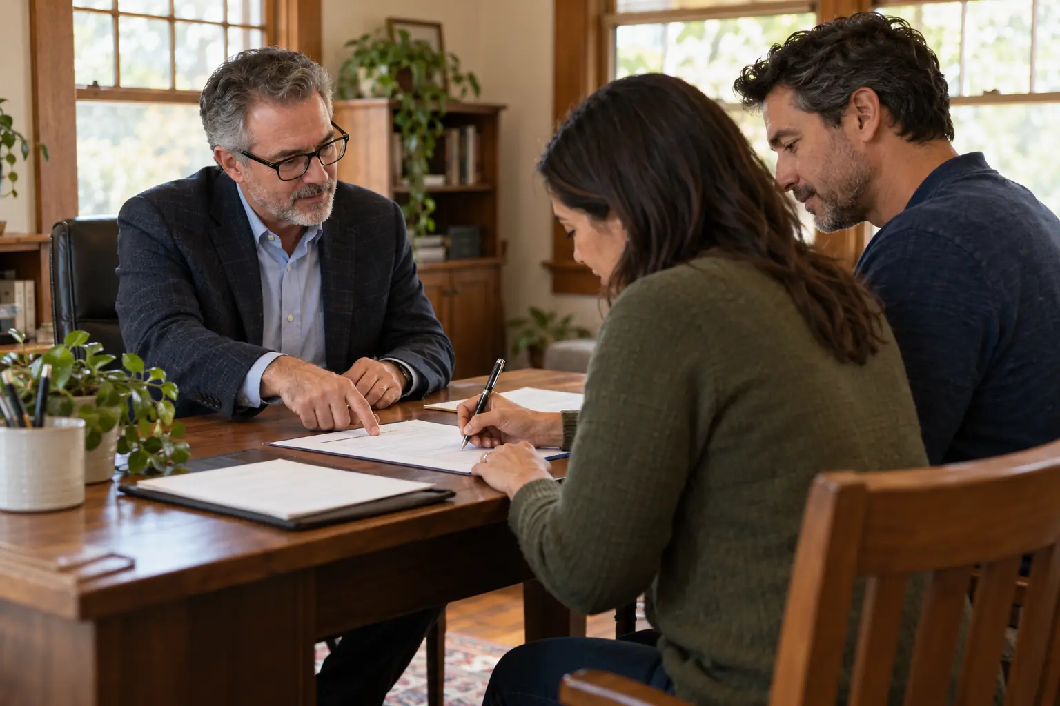A couple signing loan papers across a desk from a lender