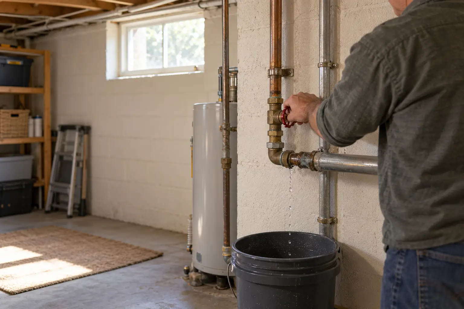 A man closing the water shutoff valve beside a dripping pipe in a basement