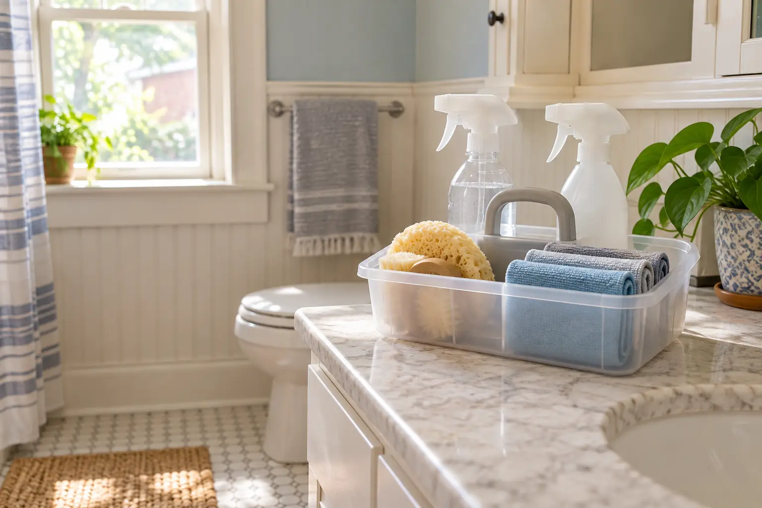 A cleaning caddy with sponges and spray bottles in a shared bathroom