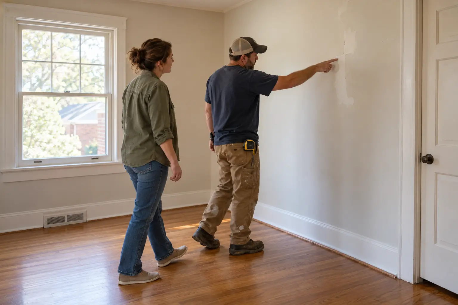 A landlord and a contractor walking through an empty bedroom