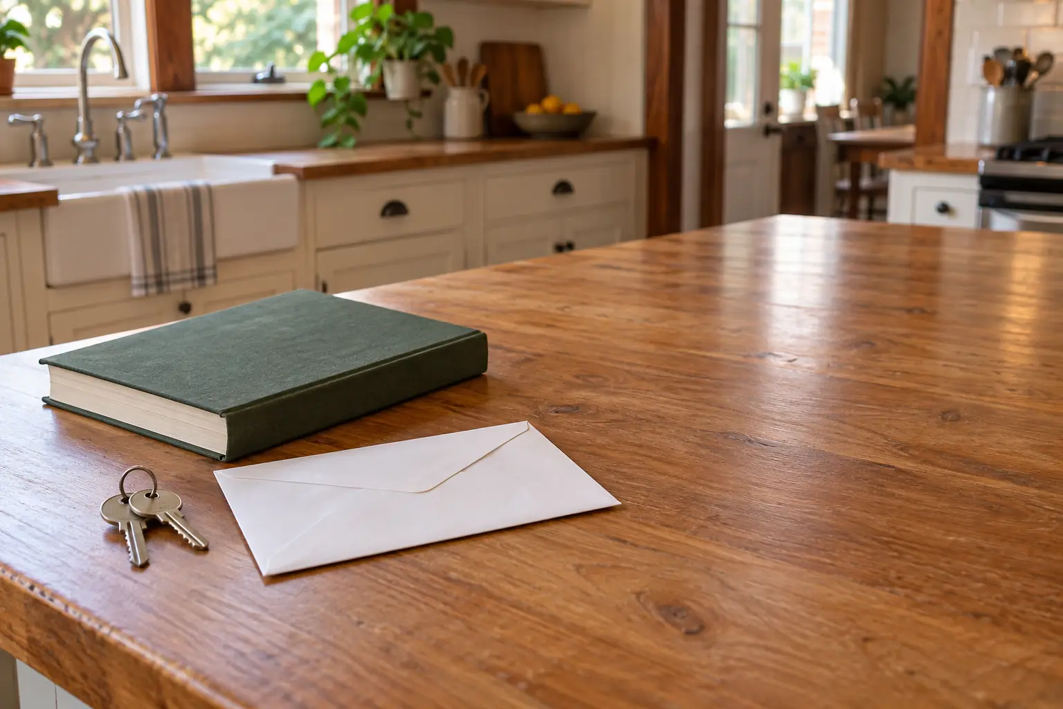 A white envelope and a closed ledger book next to a set of house keys