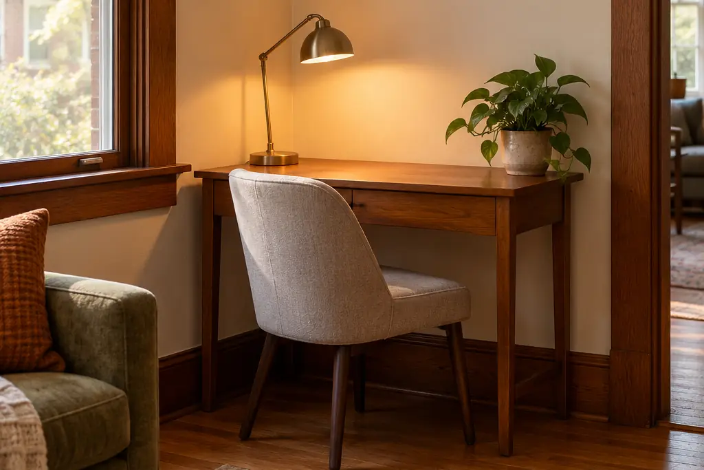A small desk nook with a chair, a lamp and a plant in a living room