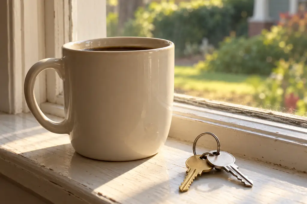 A coffee mug and a ring of house keys on a sunny windowsill
