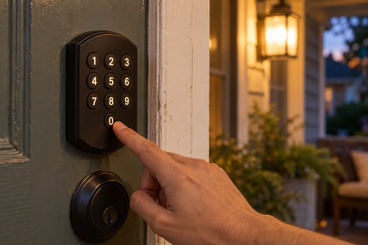 A hand pressing the keypad of a smart lock on a front door