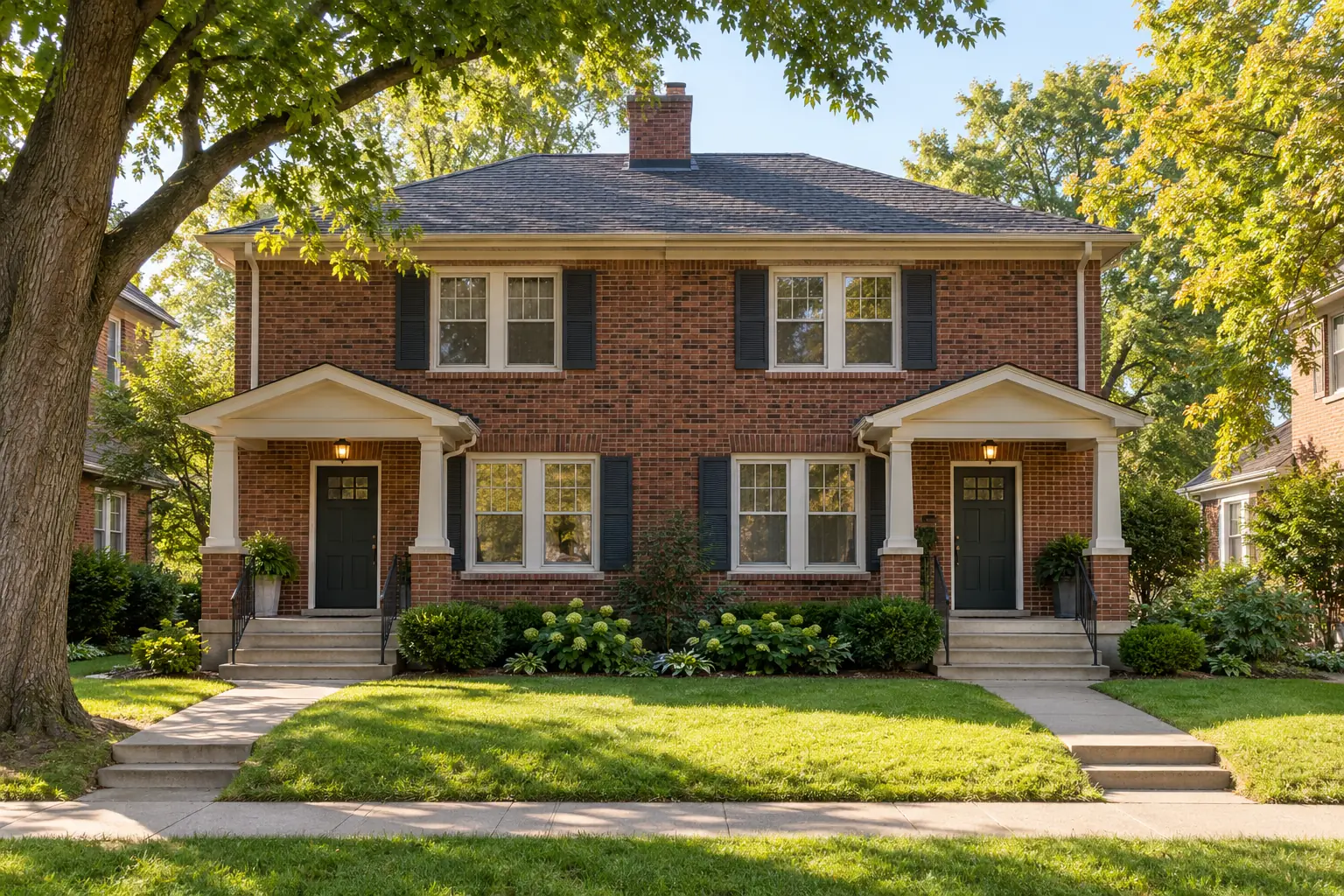 A brick duplex with two front doors and two small porches