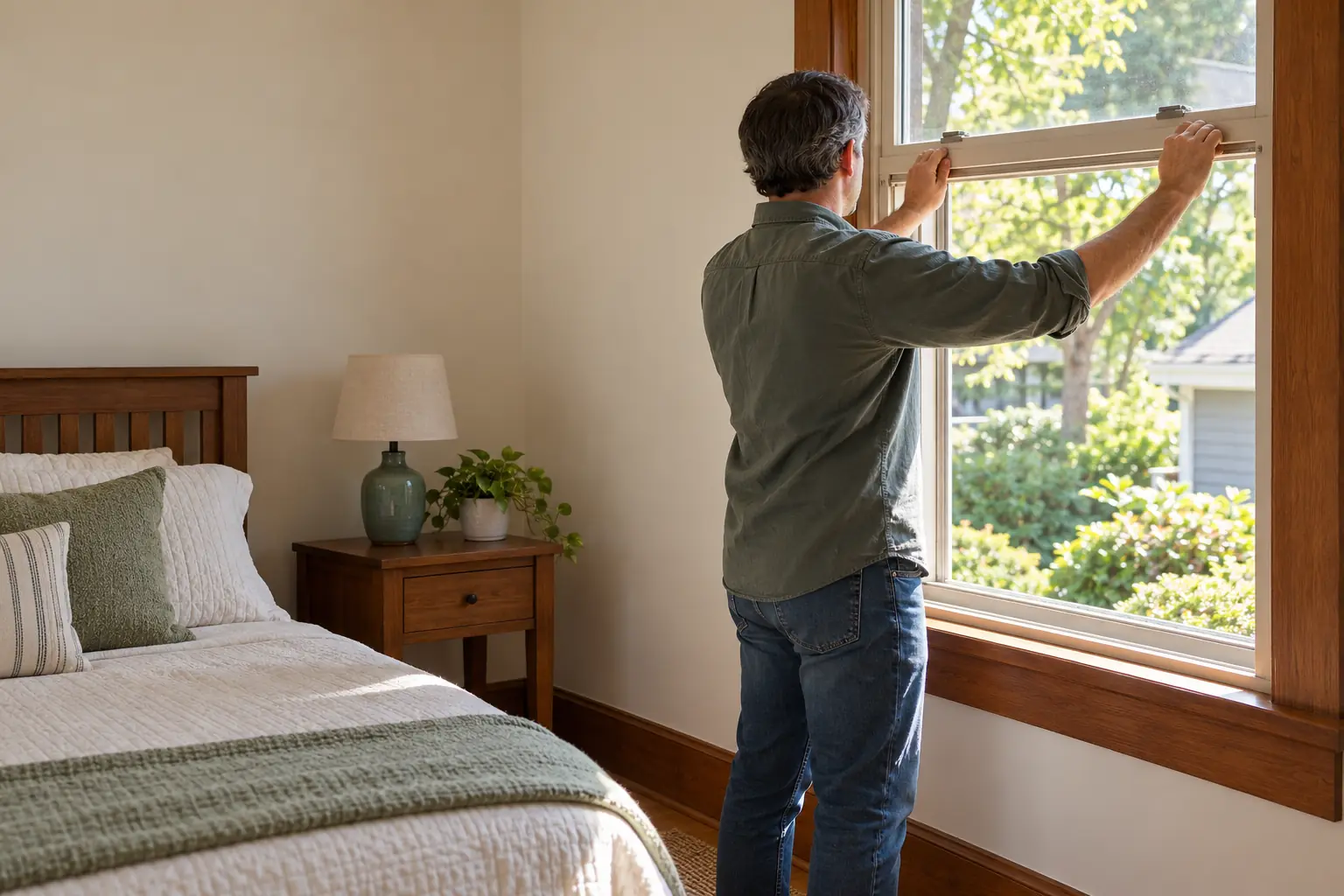 A man opening a bedroom window all the way to check it is large enough to climb out of