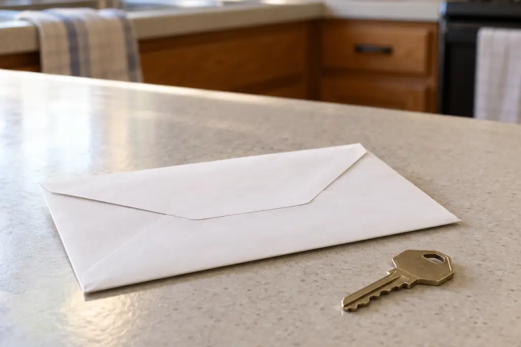 A sealed envelope and a house key on a kitchen counter