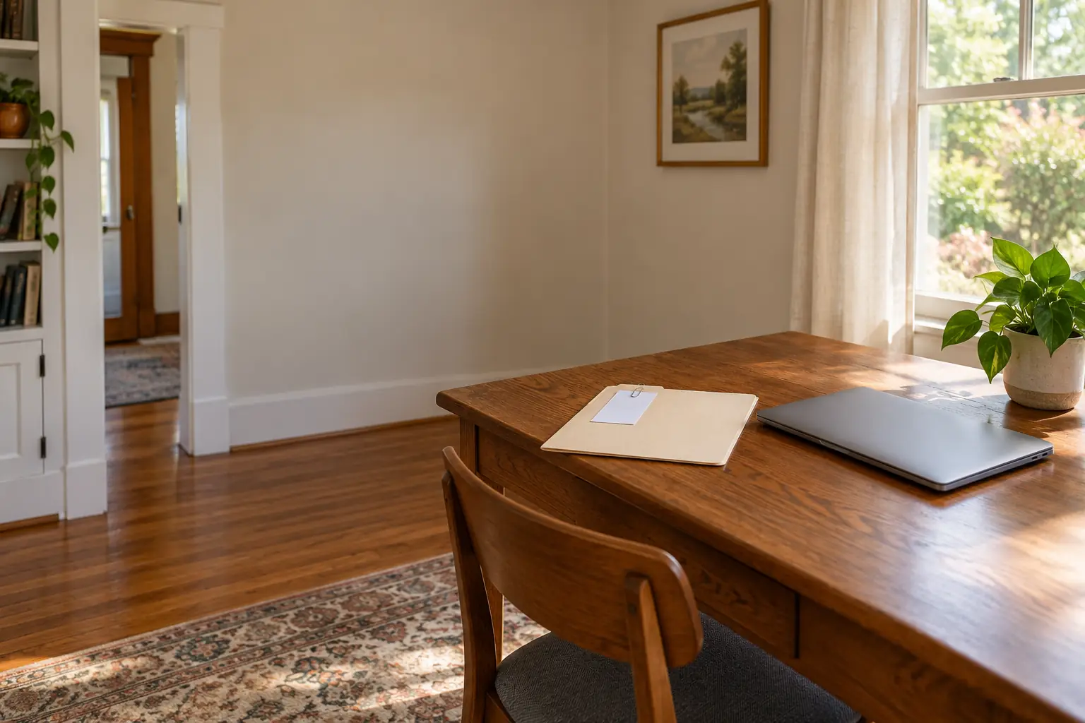 A tidy desk with a closed laptop and one neat folder
