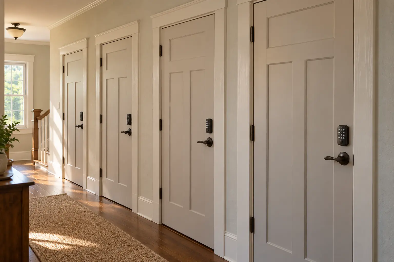 Four bedroom doors along a hallway, each with its own keypad lock