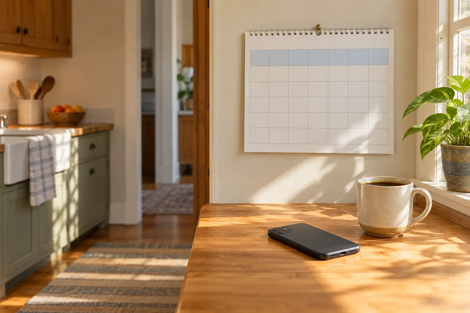 A wall calendar above a kitchen counter with a phone and a cup of coffee