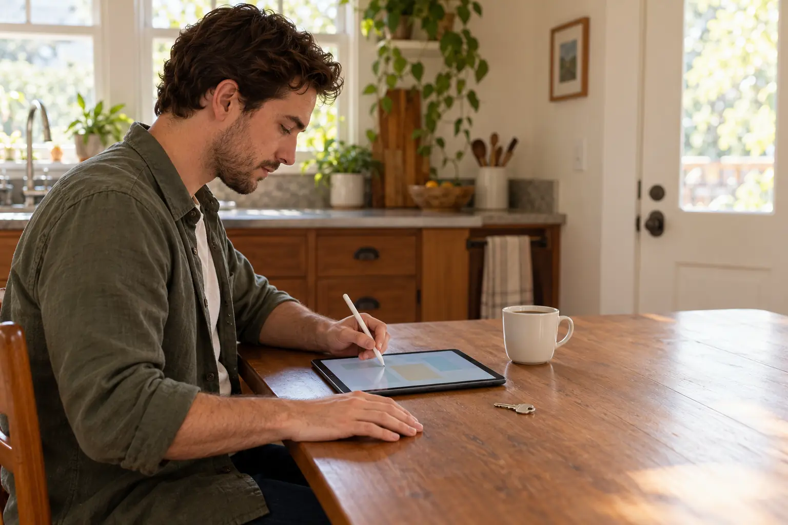 A man signing a lease on a tablet at a kitchen table