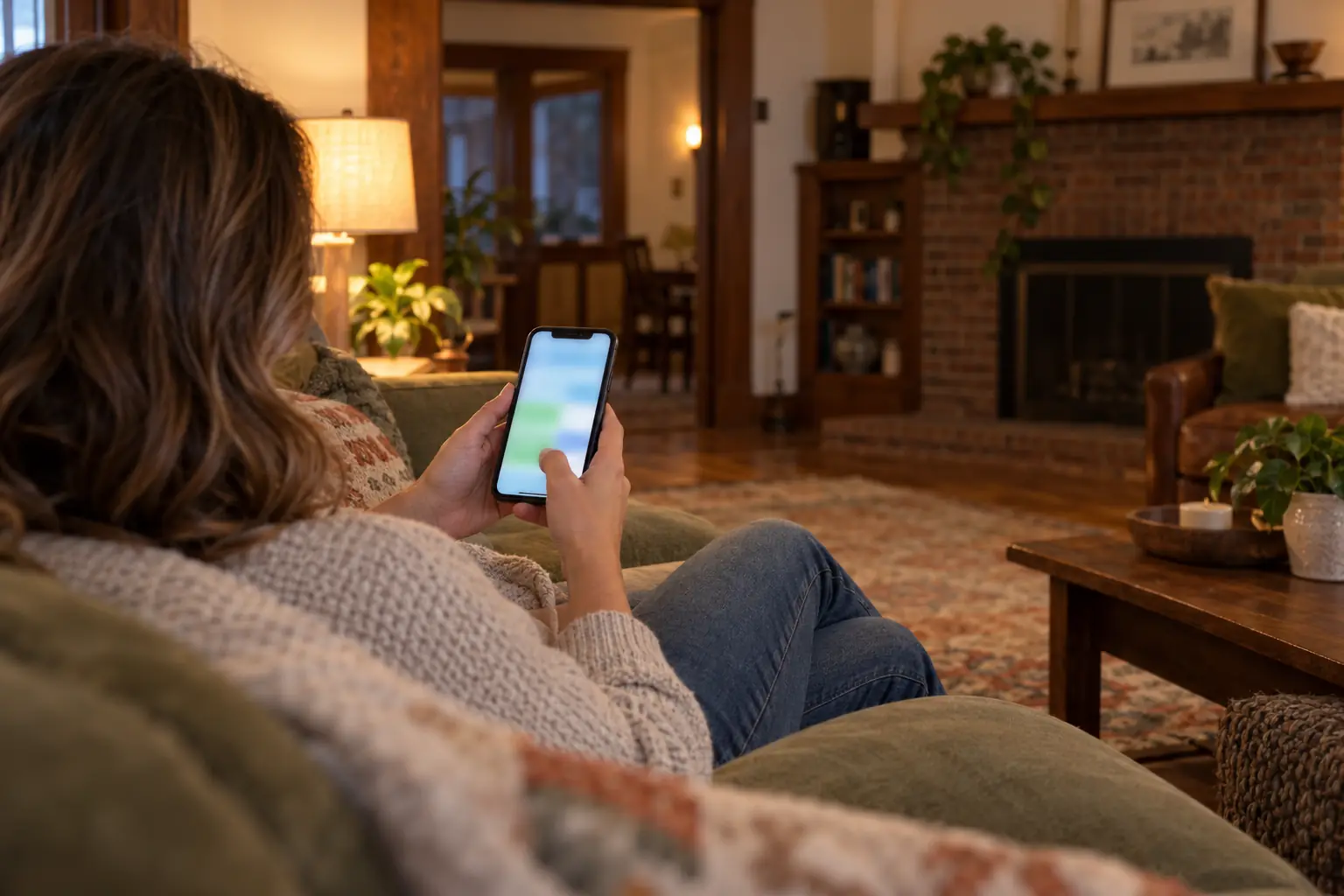 A woman on her couch looking at her phone
