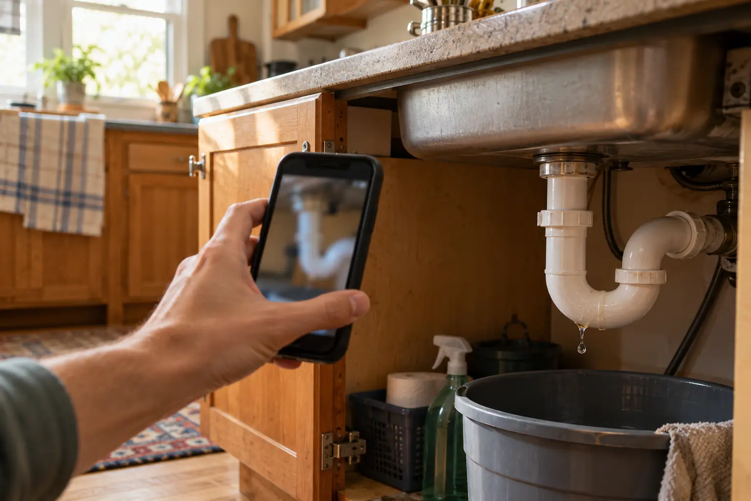 A hand taking a phone photo of a leaking pipe under a sink