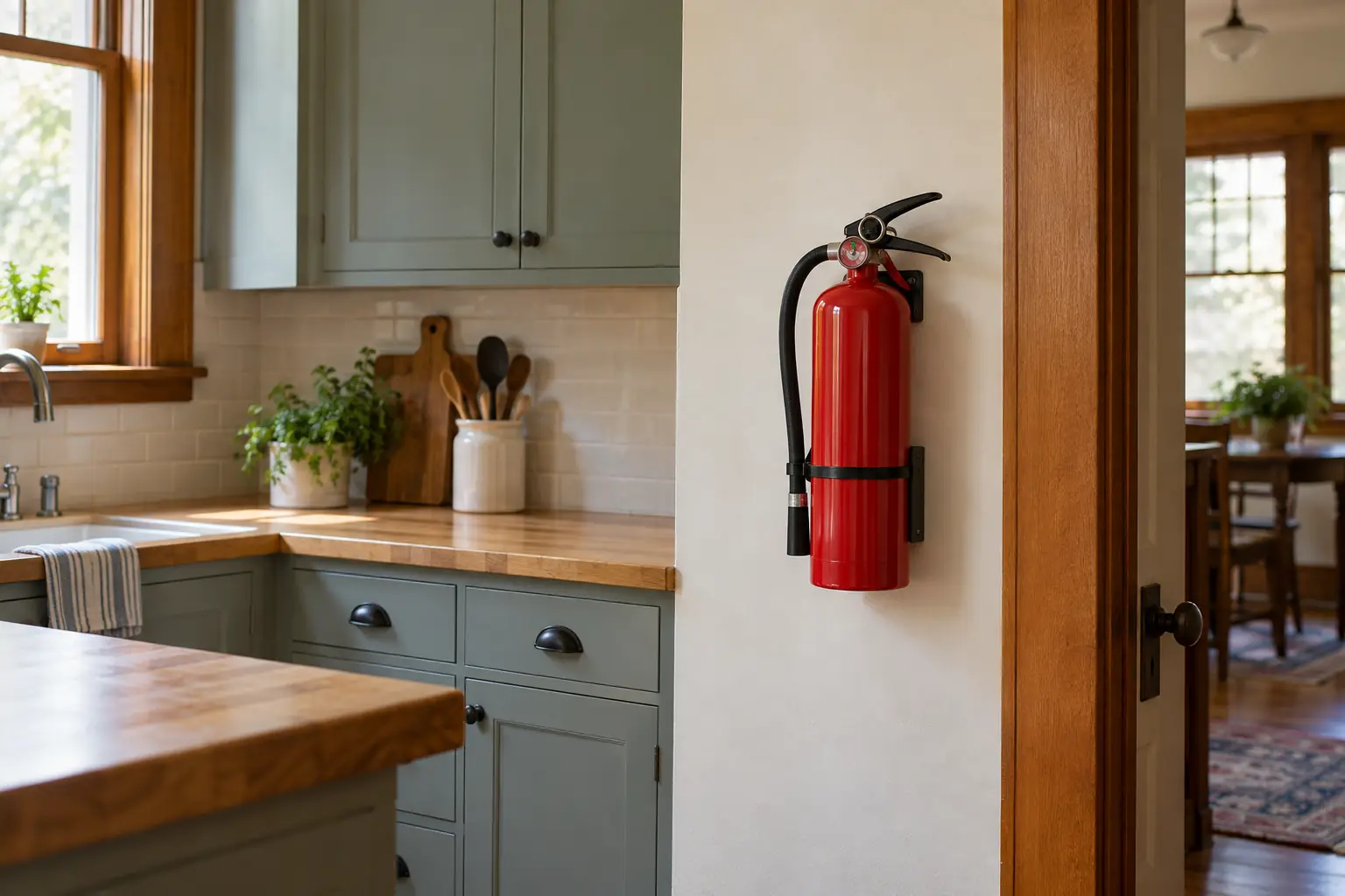 A fire extinguisher mounted on the wall beside the doorway of a shared kitchen