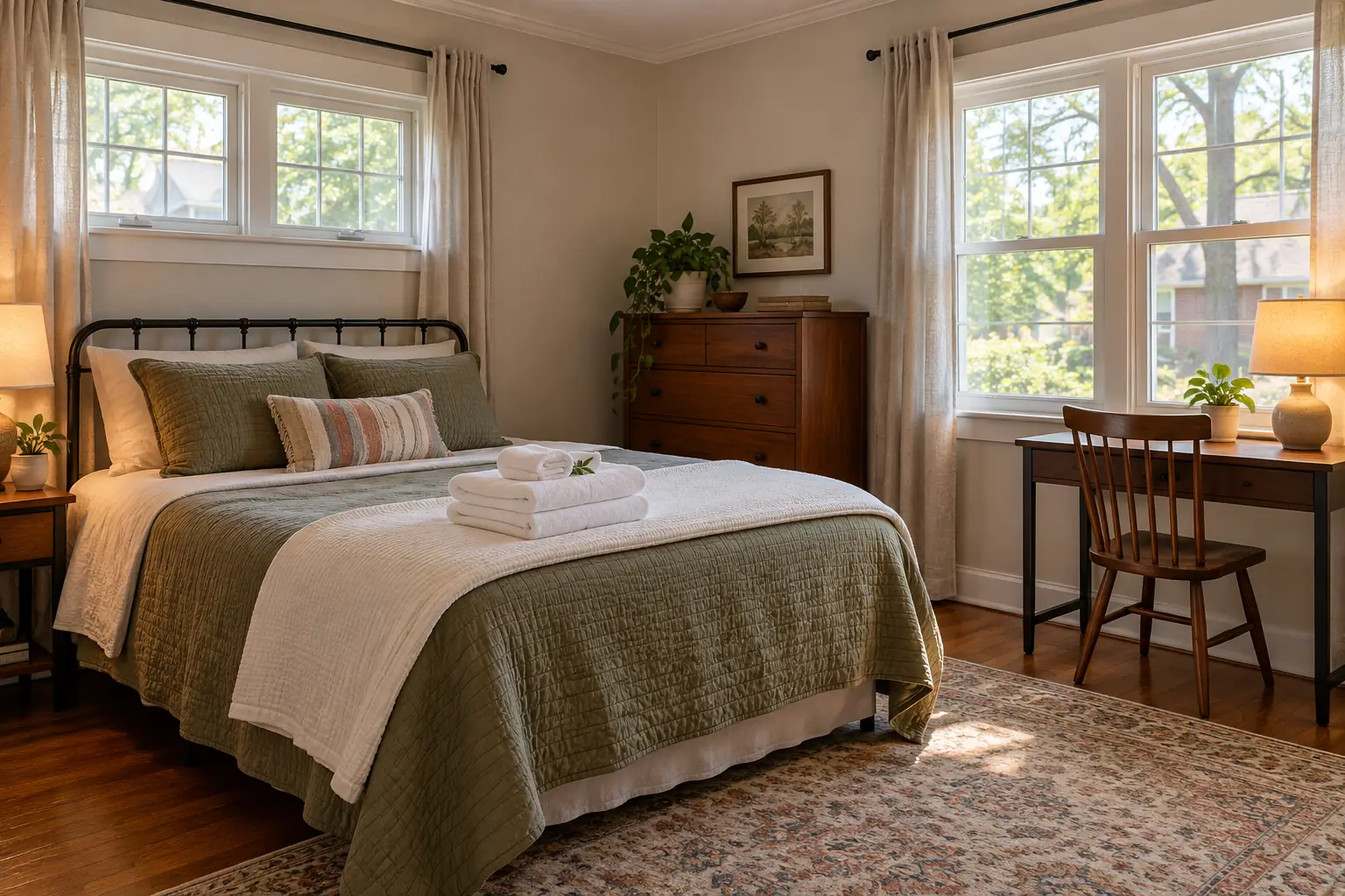 A furnished rental bedroom with a made bed, a desk and a lamp