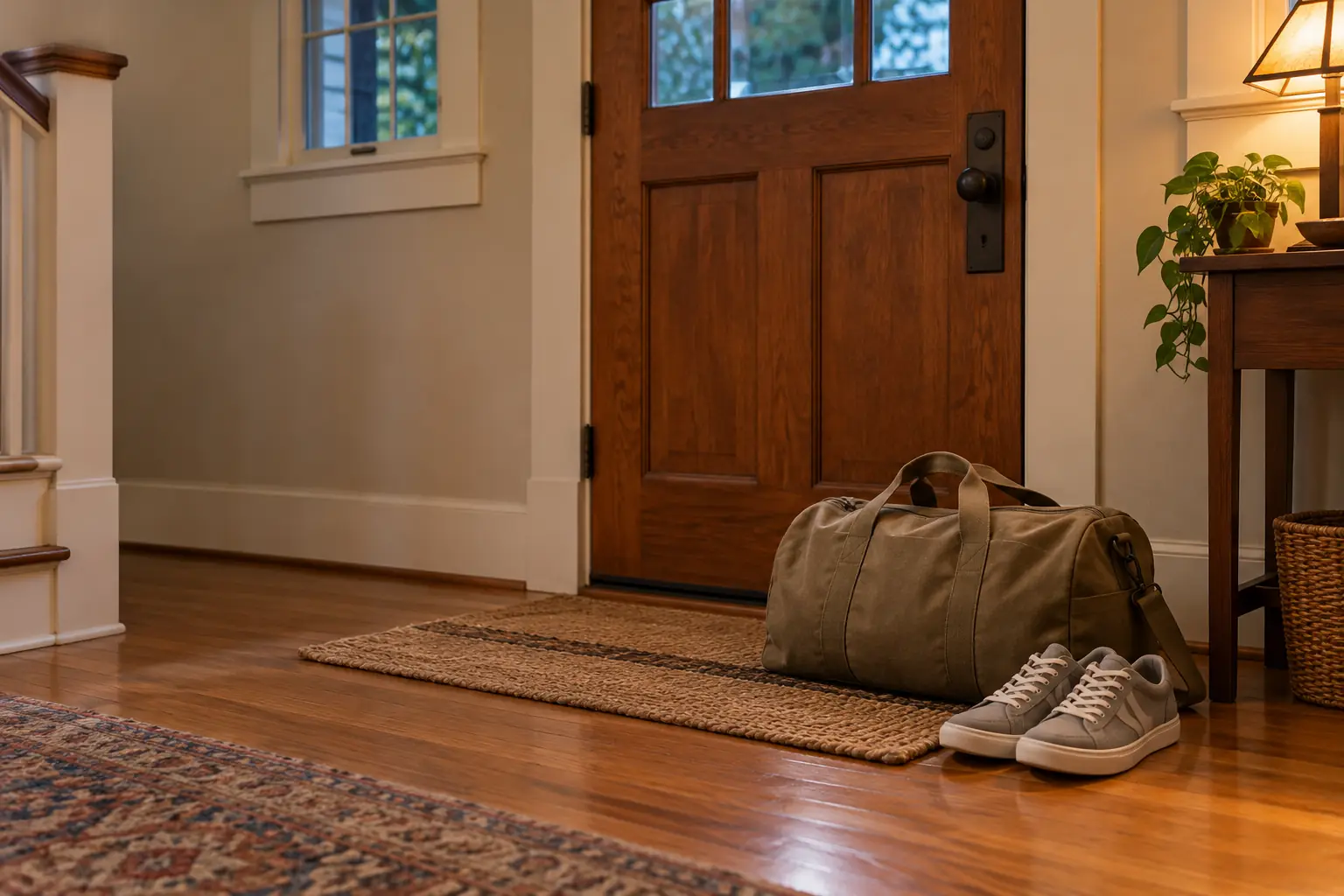 An overnight bag and a pair of sneakers set down inside the front door
