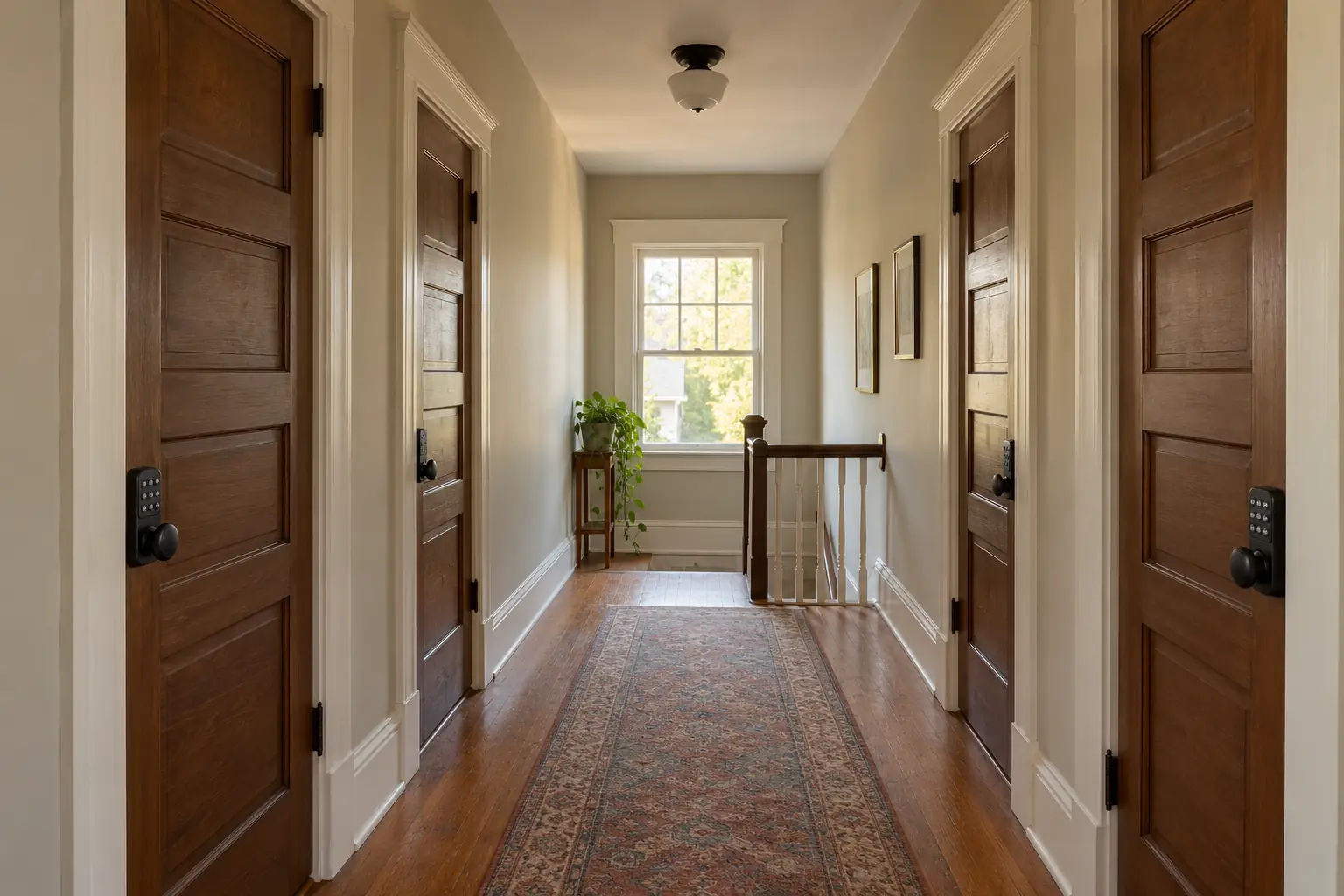 An upstairs hallway with four bedroom doors, each with its own keypad lock