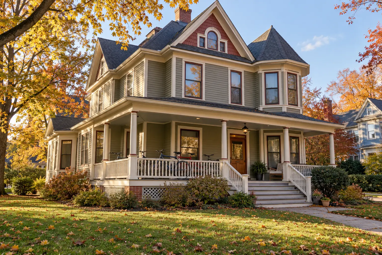 A large painted Victorian house near a college campus in the fall, bicycles on the porch