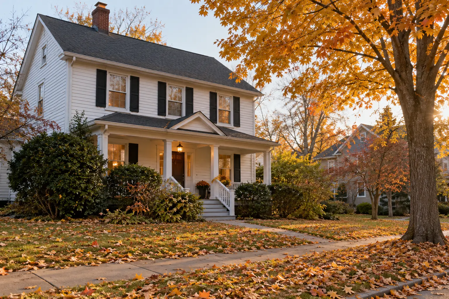 A white two-story colonial house with autumn leaves on the lawn