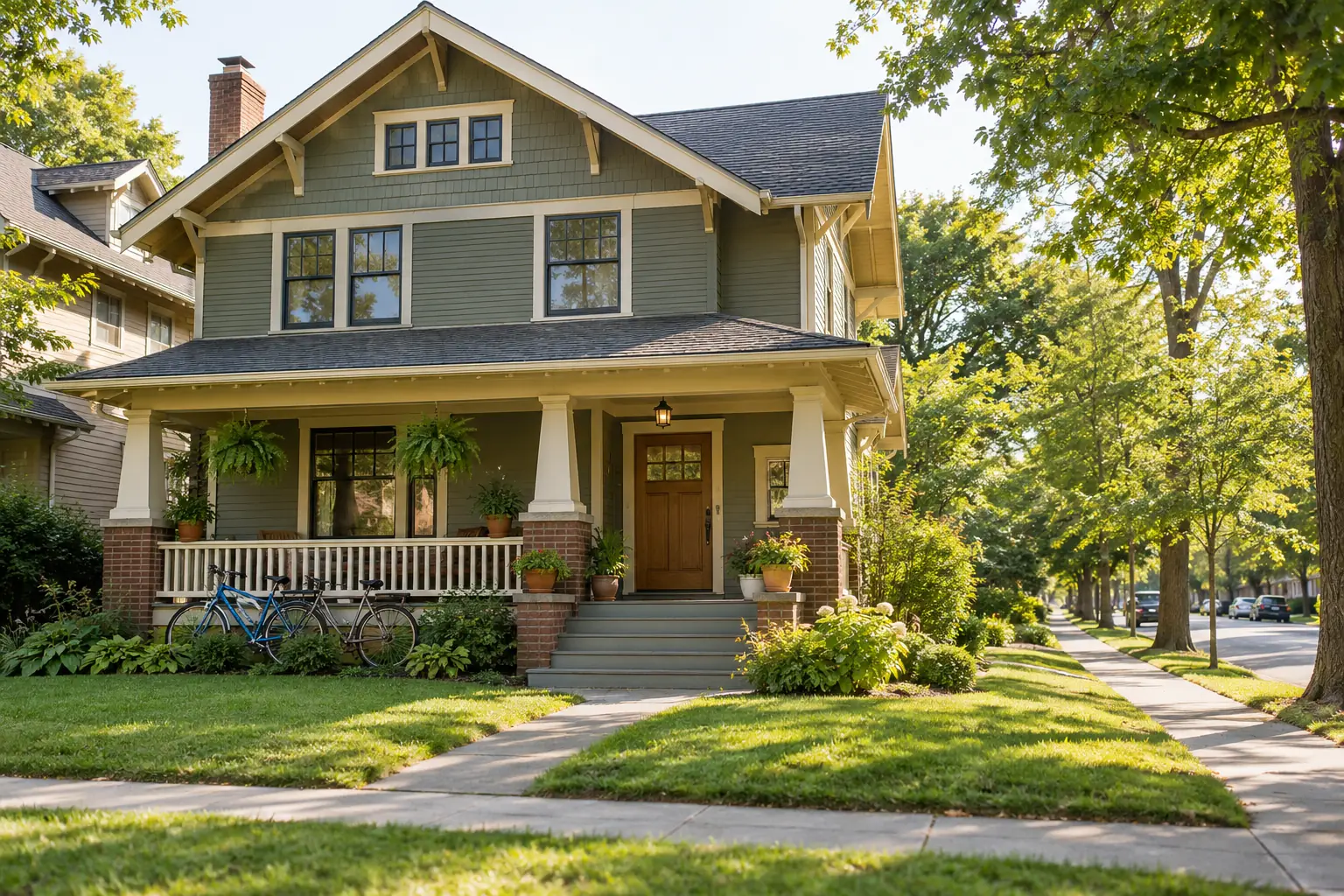 A two-story craftsman house with bicycles on the front porch