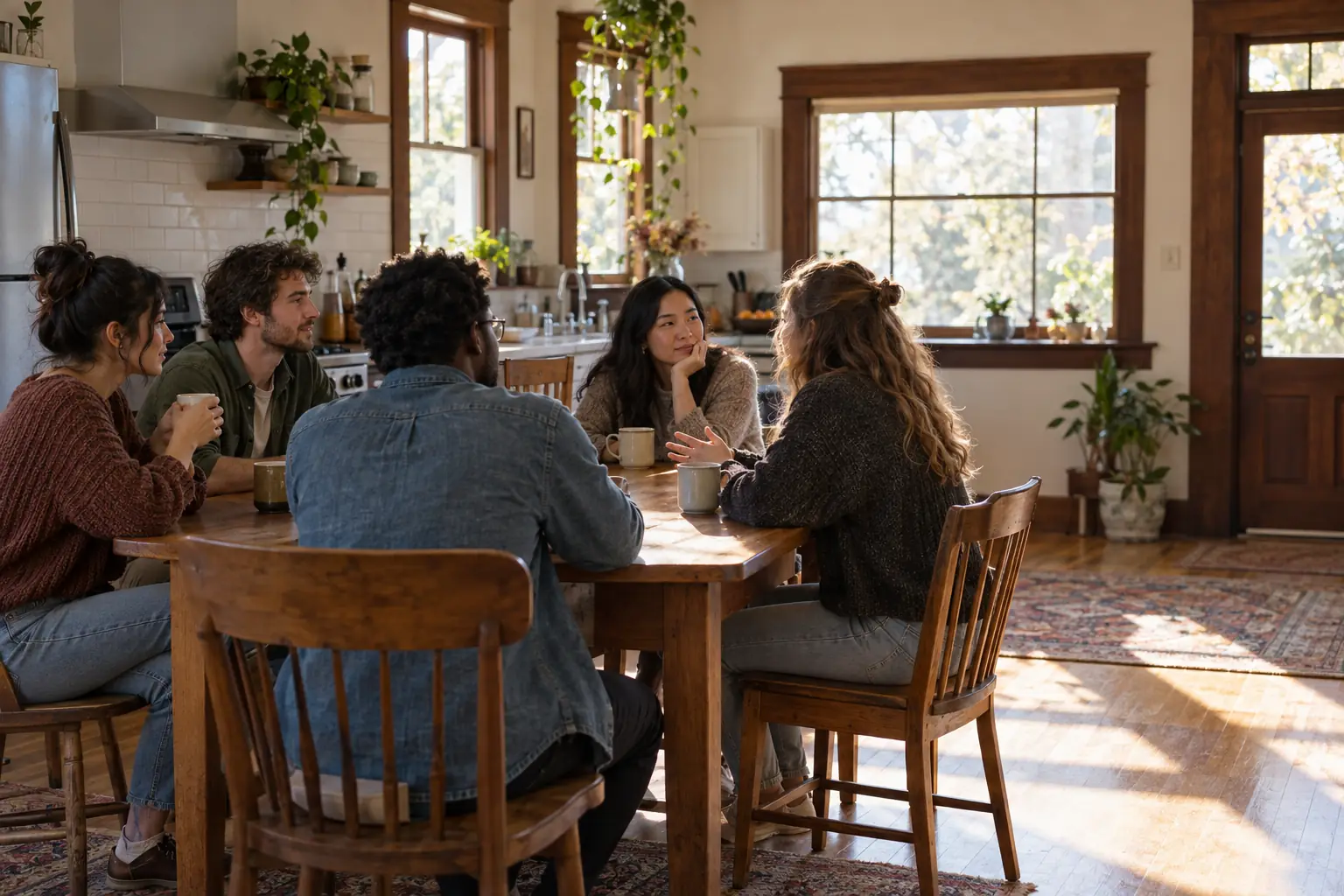 Five housemates around a kitchen table having a relaxed house meeting