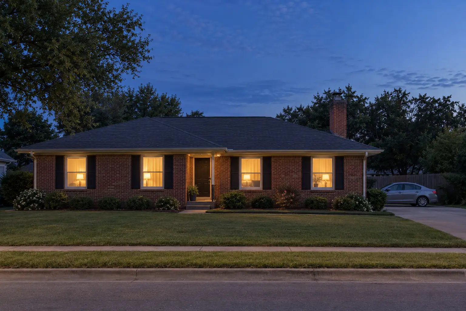 A brick ranch house at dusk with warm light in four bedroom windows