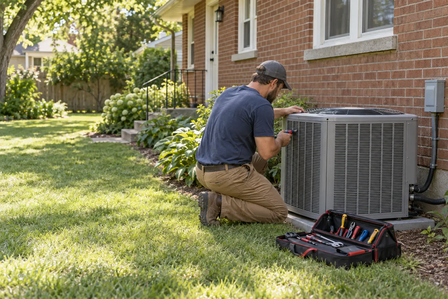 A technician kneeling beside an outdoor air conditioning unit