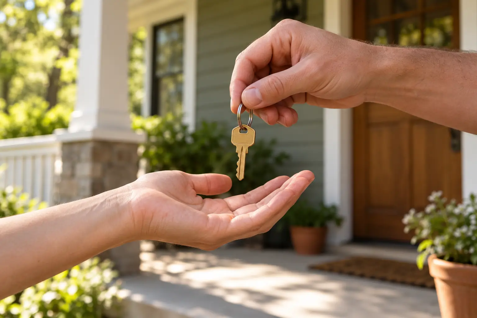 One hand passing a house key to another on a front porch