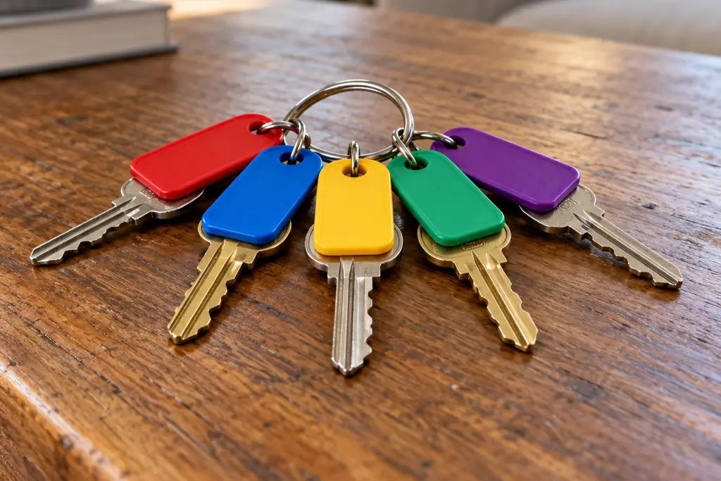 A ring of five house keys, each with a different colored tag