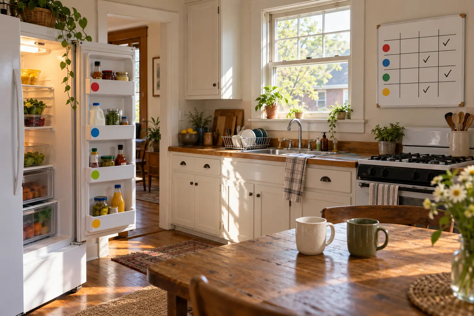 A bright shared kitchen in the morning sun