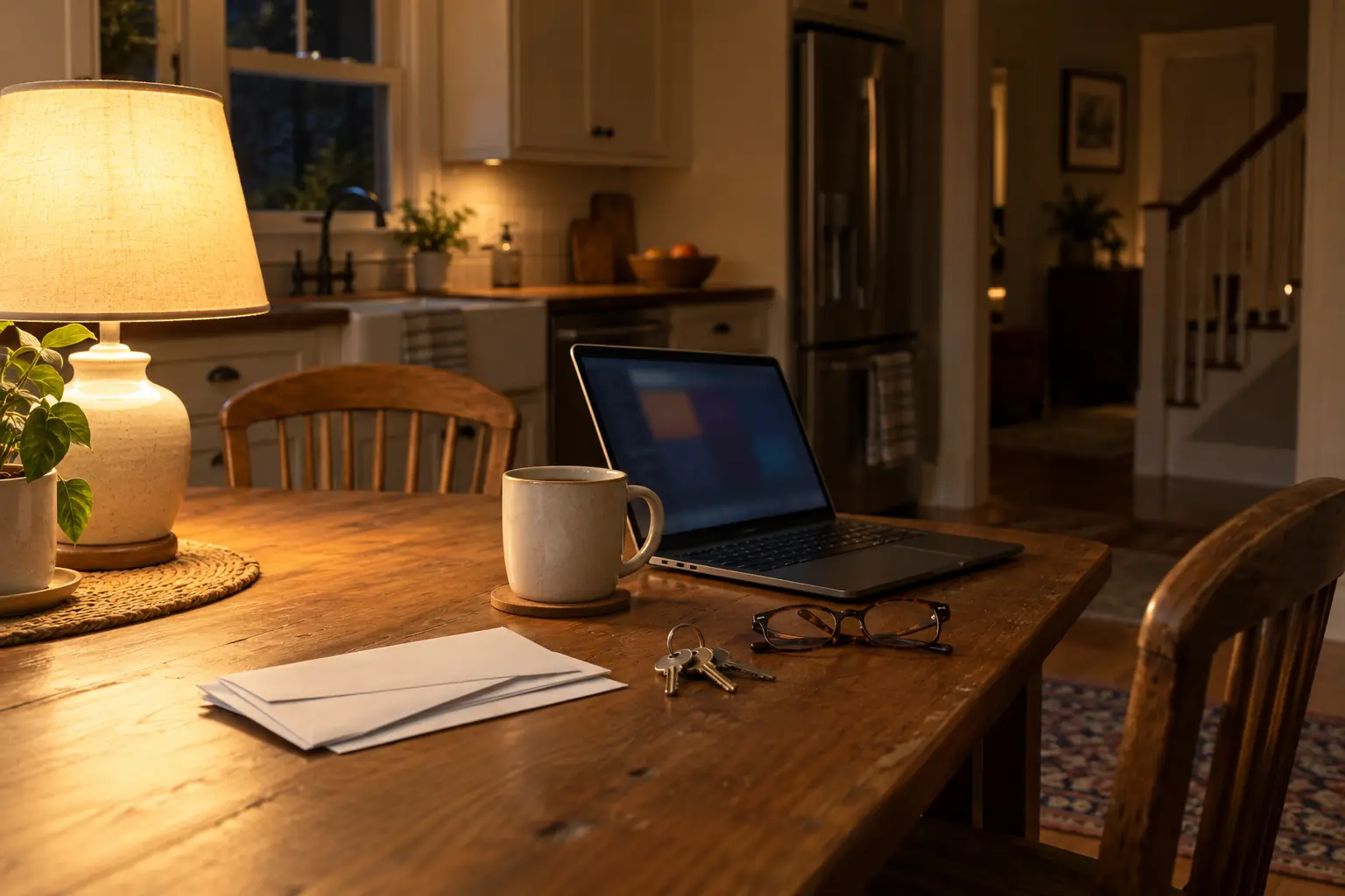 A laptop, a cup of coffee and a stack of mail on a kitchen table at night