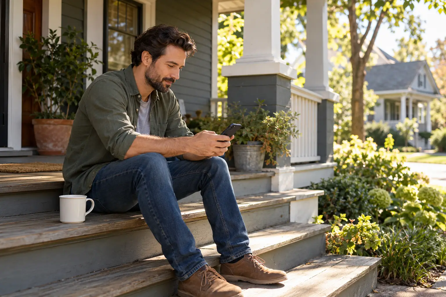 A landlord sitting on his porch steps checking his phone