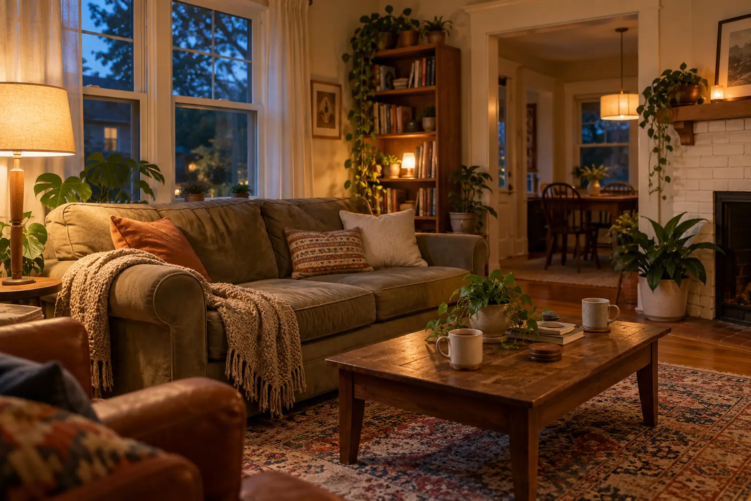 A shared living room in the evening with a worn couch and warm lamps