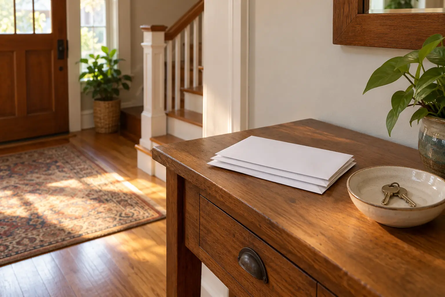 A small stack of envelopes beside a key bowl on an entry table