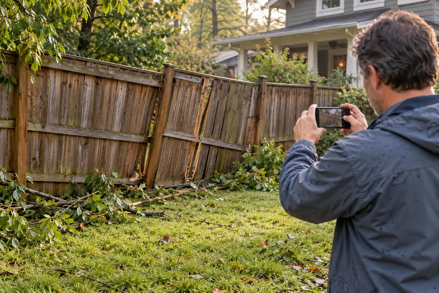 A landlord photographing a storm-damaged fence in the backyard with his phone