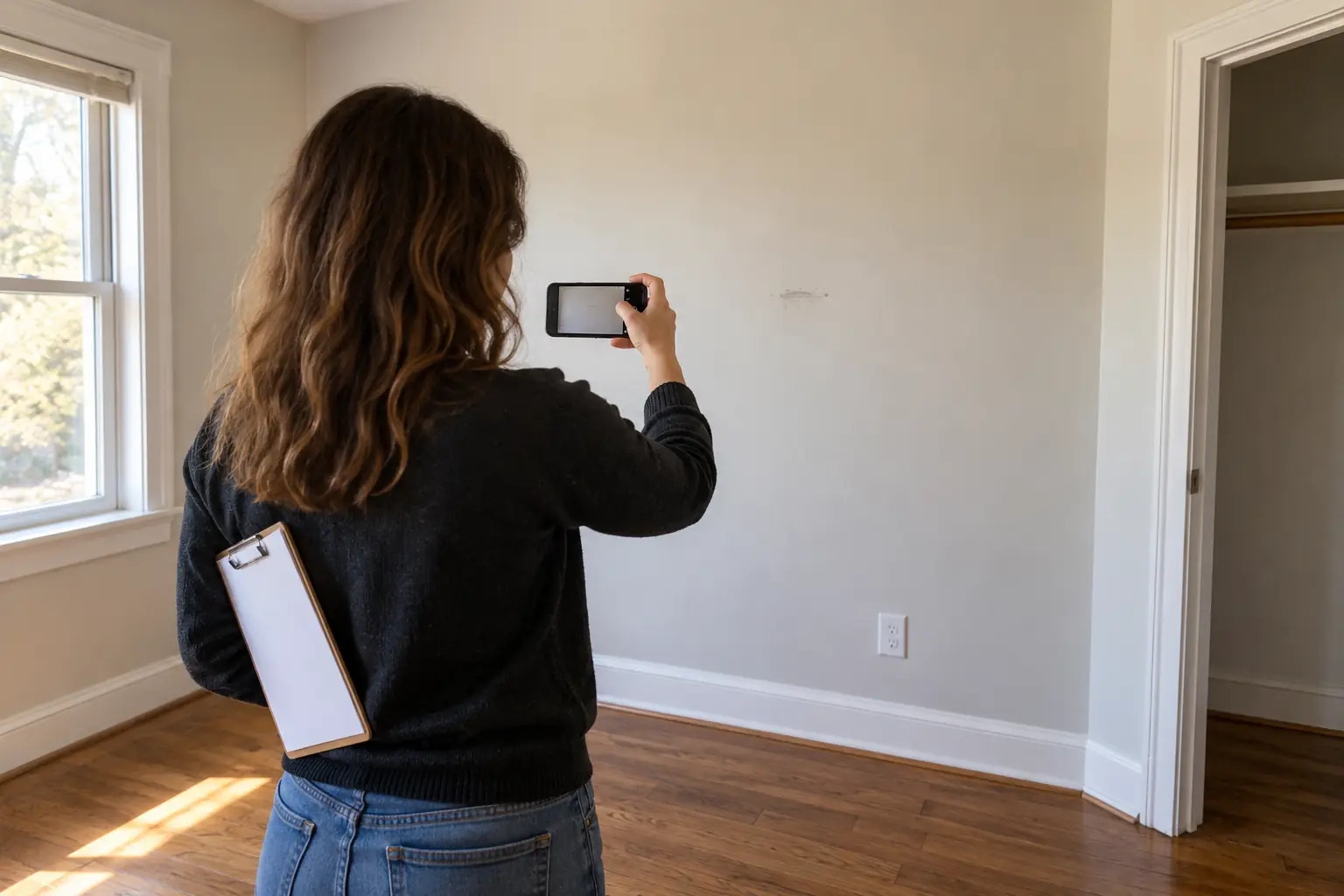 A person photographing a scuff on the wall of an empty bedroom