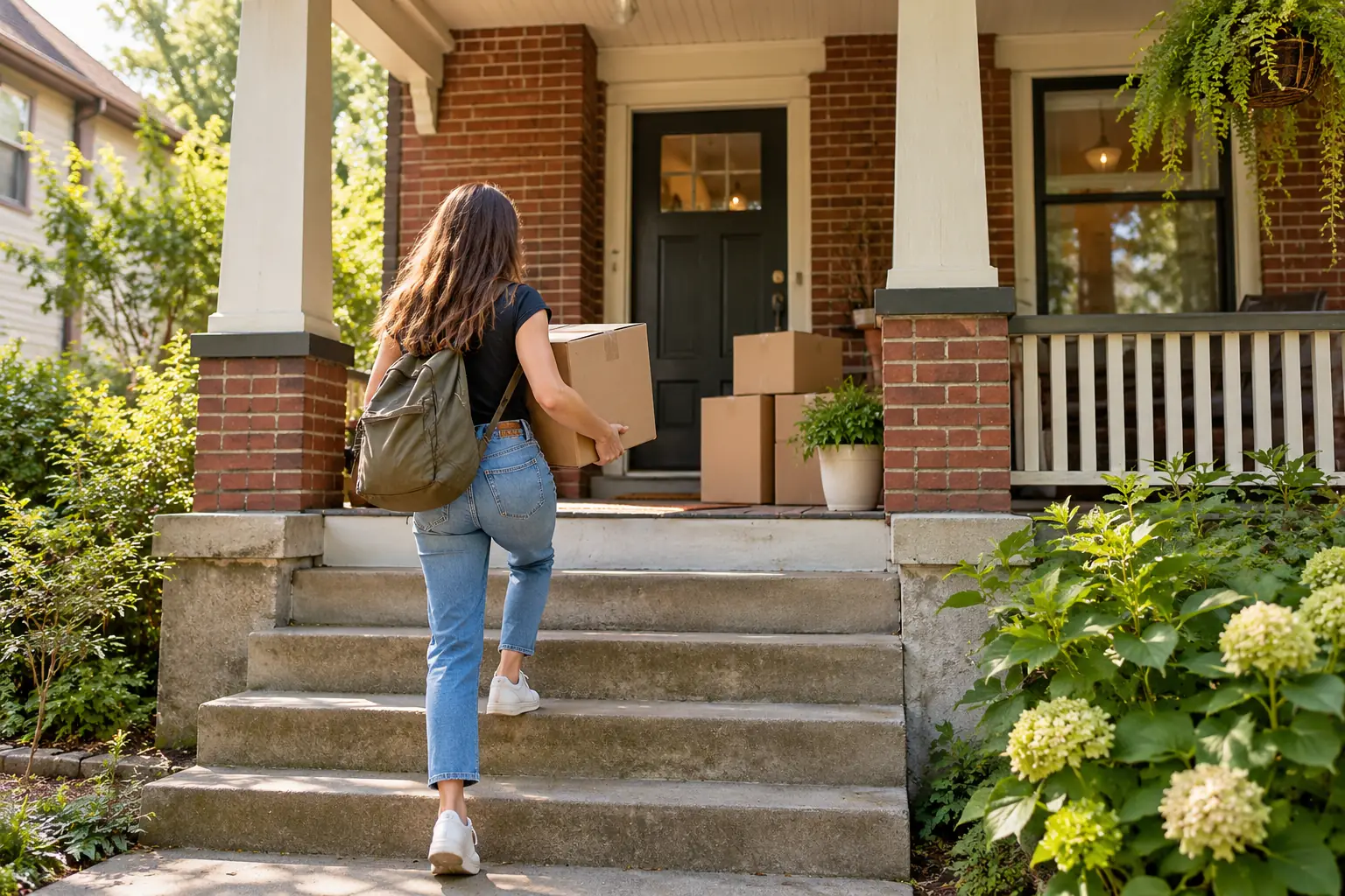 A woman carrying a box up the porch steps on move-in day