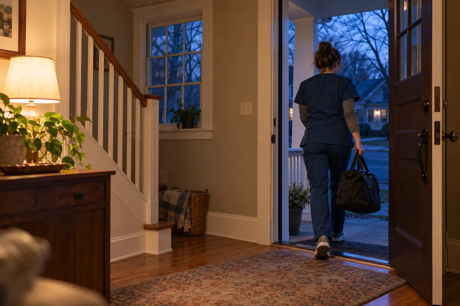 A nurse in scrubs walking out the front door of a rented house before sunrise, a bag in her hand