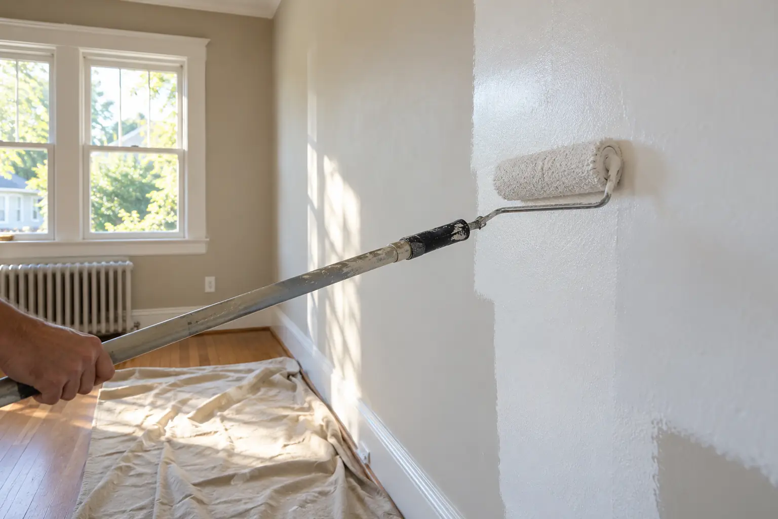 Fresh white paint being rolled onto a bedroom wall