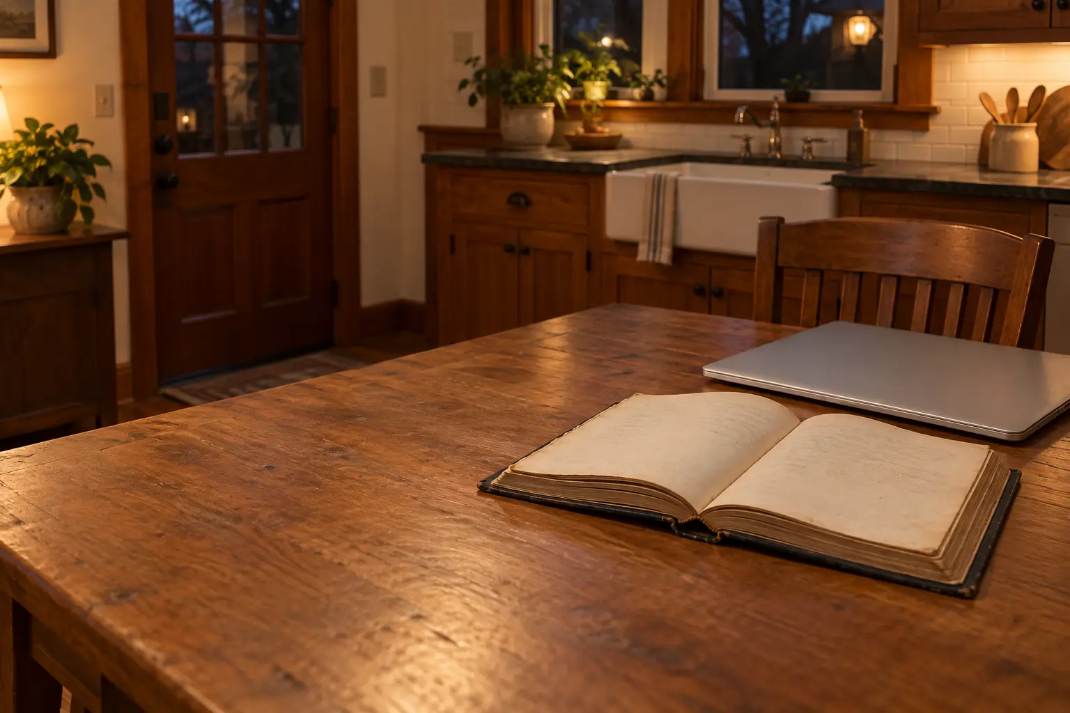 An open paper ledger book beside a closed laptop on a kitchen table