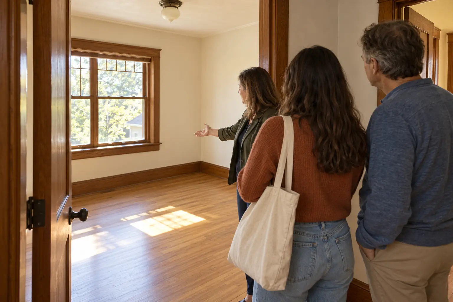 A landlord showing an empty bedroom to a student and her father